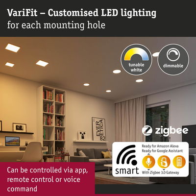 Living room with dimmable tunable white LED ceiling lights controllable via app and voice command