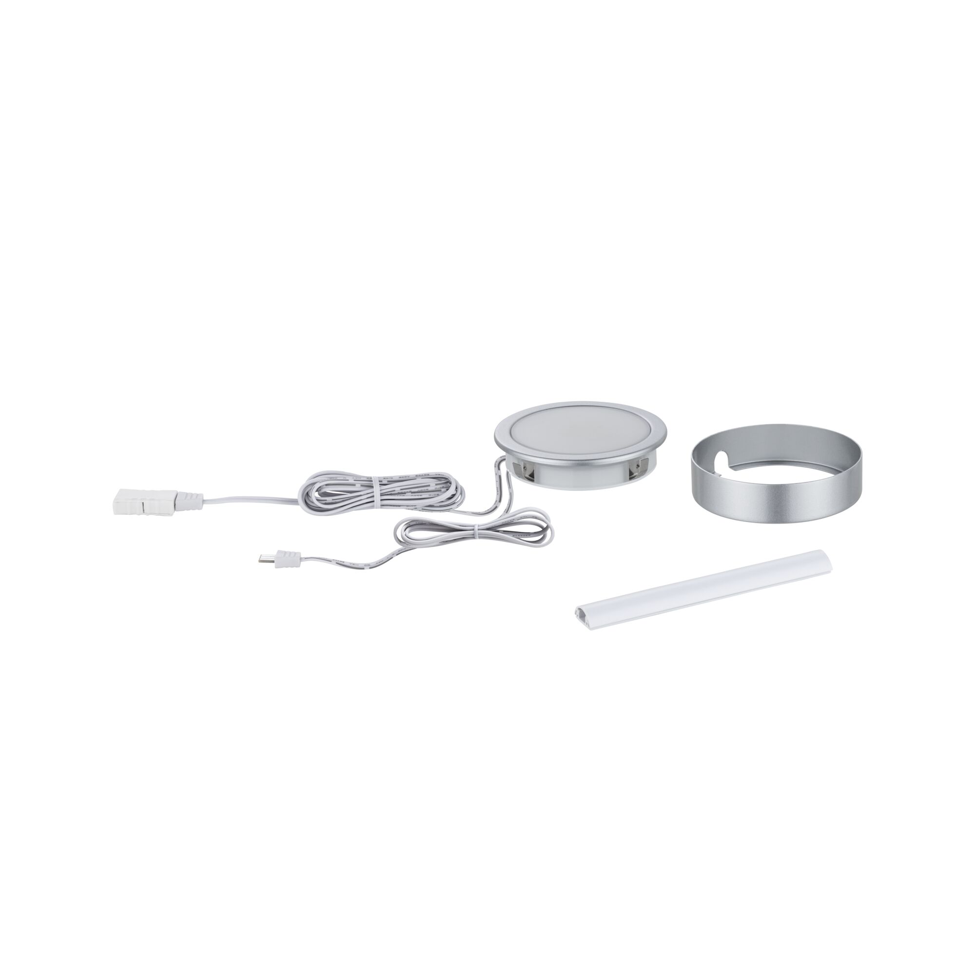 Round silver LED recessed light set with white diffuser and cable for indoor lighting solutions