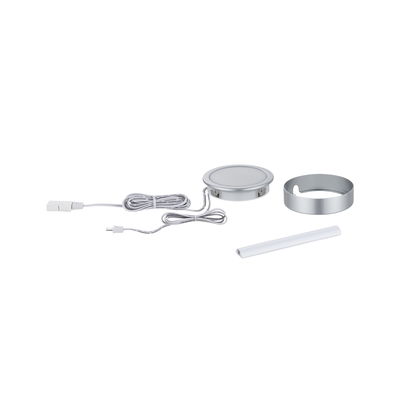Round silver LED recessed light set with white diffuser and cable for indoor lighting solutions