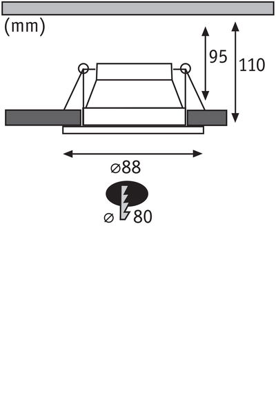 Technische Zeichnung eines Einbaustrahler mit 88 mm Durchmesser und 110 mm Einbautiefe