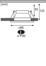 Teknisk tegning af indbygningsspot med 88 mm diameter og 110 mm indbygningsdybde