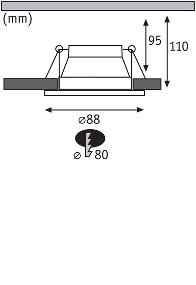 Teknisk tegning af indbygningsspot med 88 mm diameter og 110 mm indbygningsdybde
