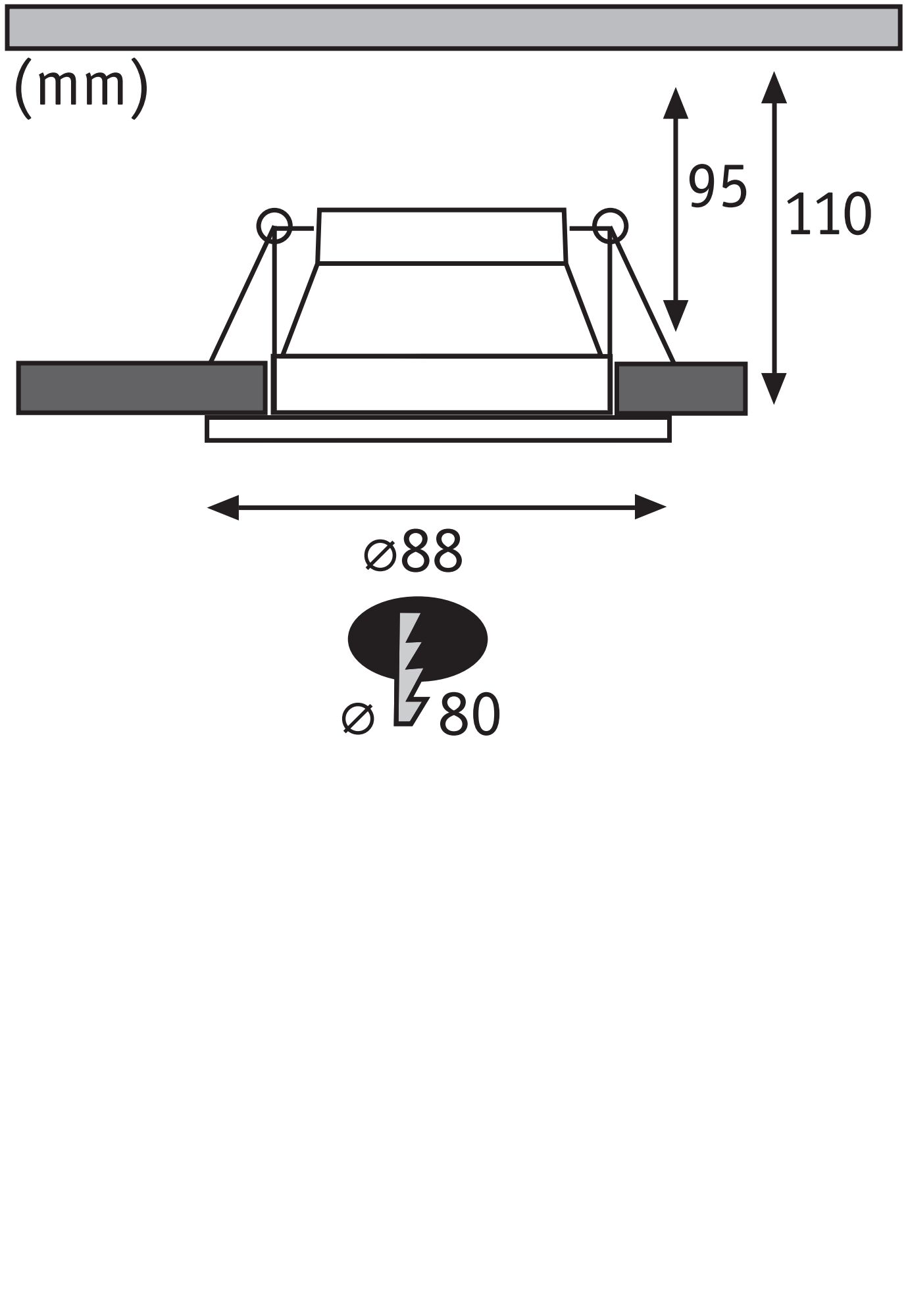 Technische tekening van inbouwspot met 88 mm diameter en 110 mm inbouwdiepte