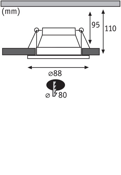 Technische tekening van inbouwspot met 88 mm diameter en 110 mm inbouwdiepte