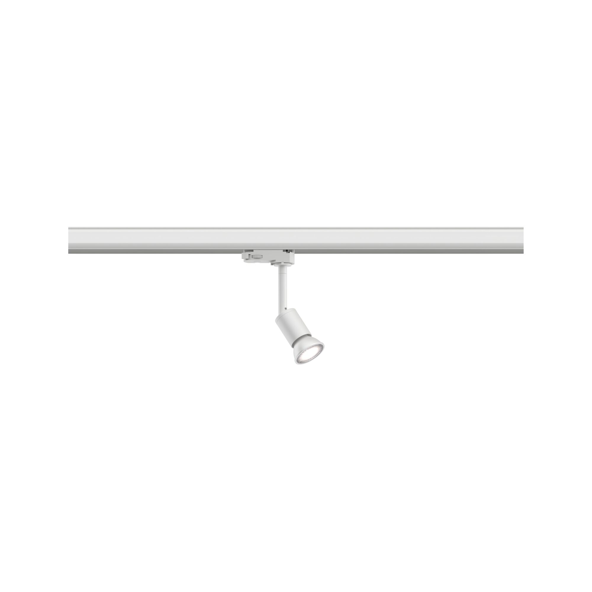 Weißer LED-Strahler aus Metall an Schienensystem für flexible Raumbeleuchtung