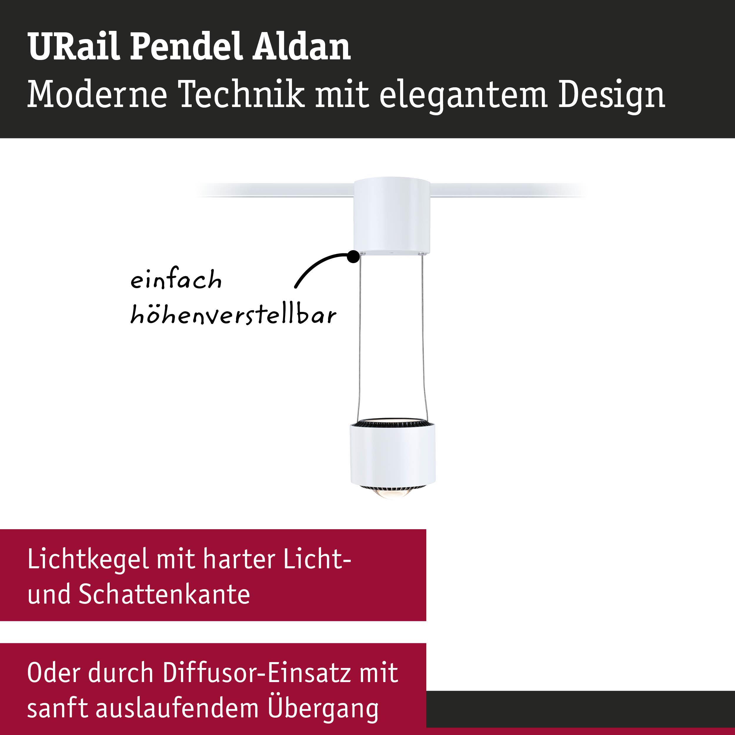 Weißer URail Pendel Aldan LED-Strahler mit höhenverstellbarem Design und scharfem Lichtkegel