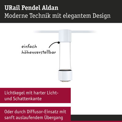Weißer URail Pendel Aldan LED-Strahler mit höhenverstellbarem Design und scharfem Lichtkegel