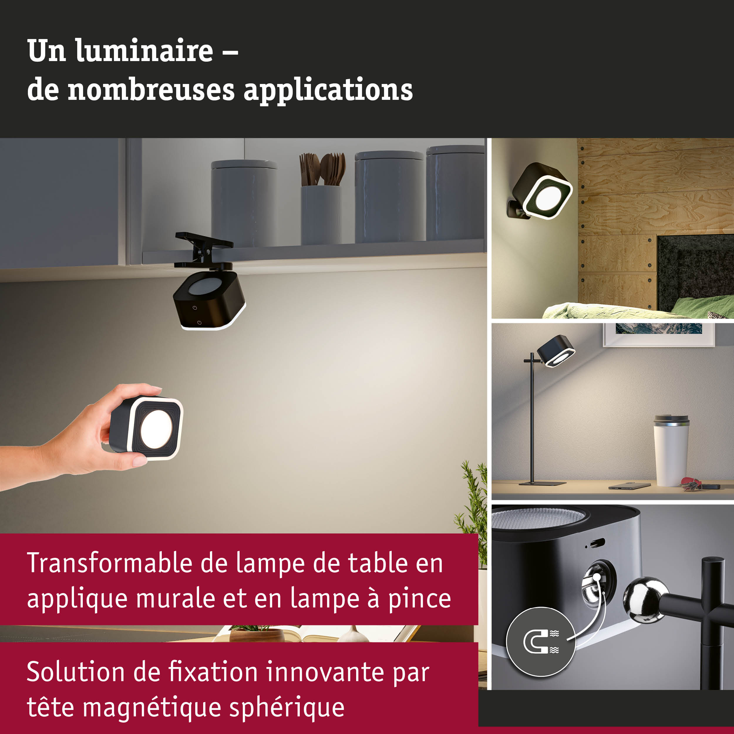 Lampe de table LED noire avec tête magnétique sphérique pour fixation murale et pince