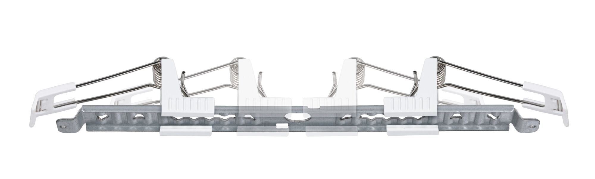 Metal mounting bracket with white plastic clamps and springs for LED recessed spotlight installation
