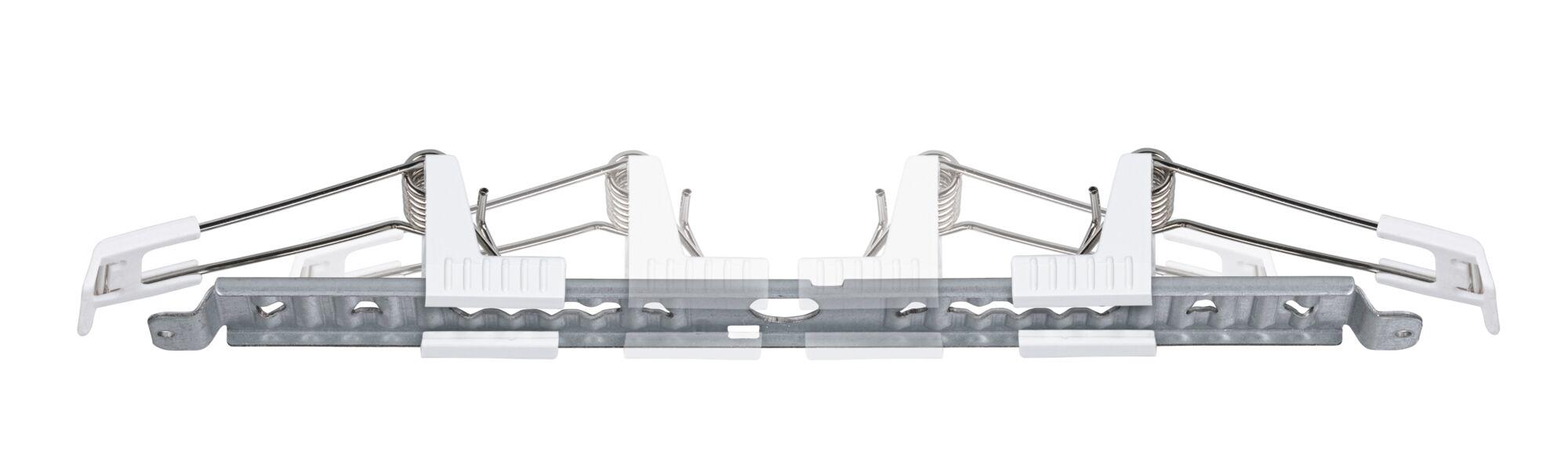 Metal bracket with white plastic clamps and springs for secure mounting and fixing