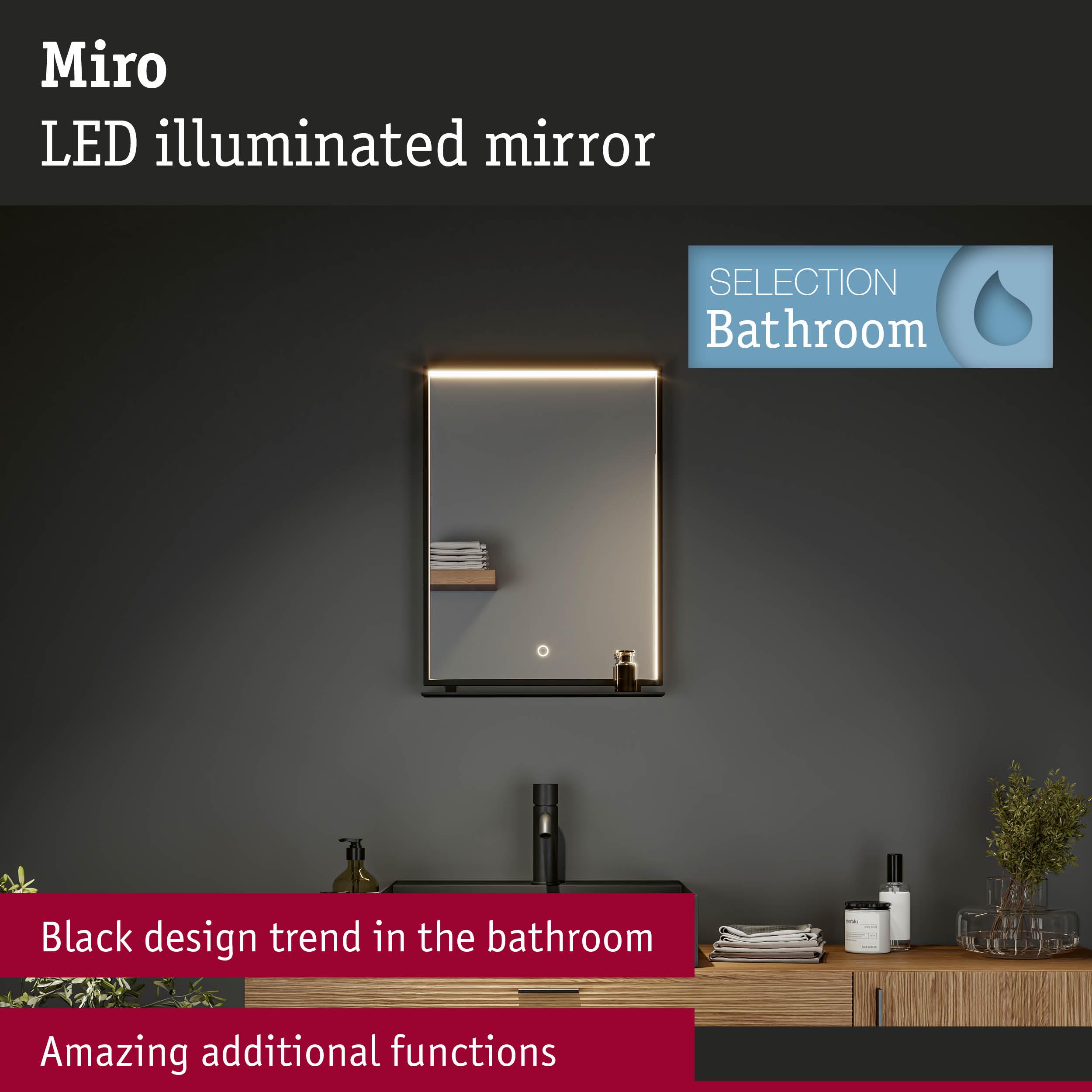 Miro LED illuminated mirror with black frame and shelf, modern bathroom mirror with touch control