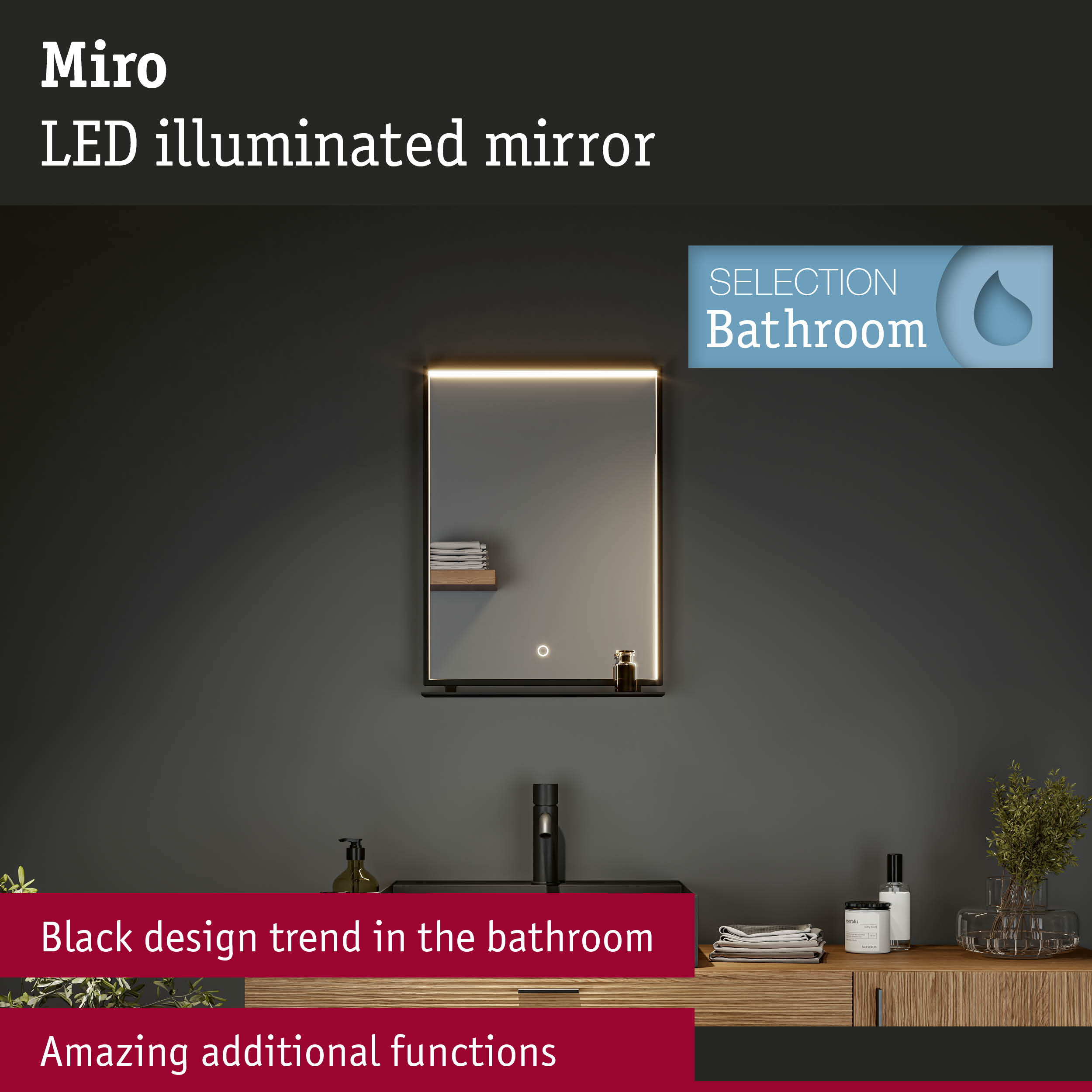 Miro LED illuminated bathroom mirror with black design trend and extra functions