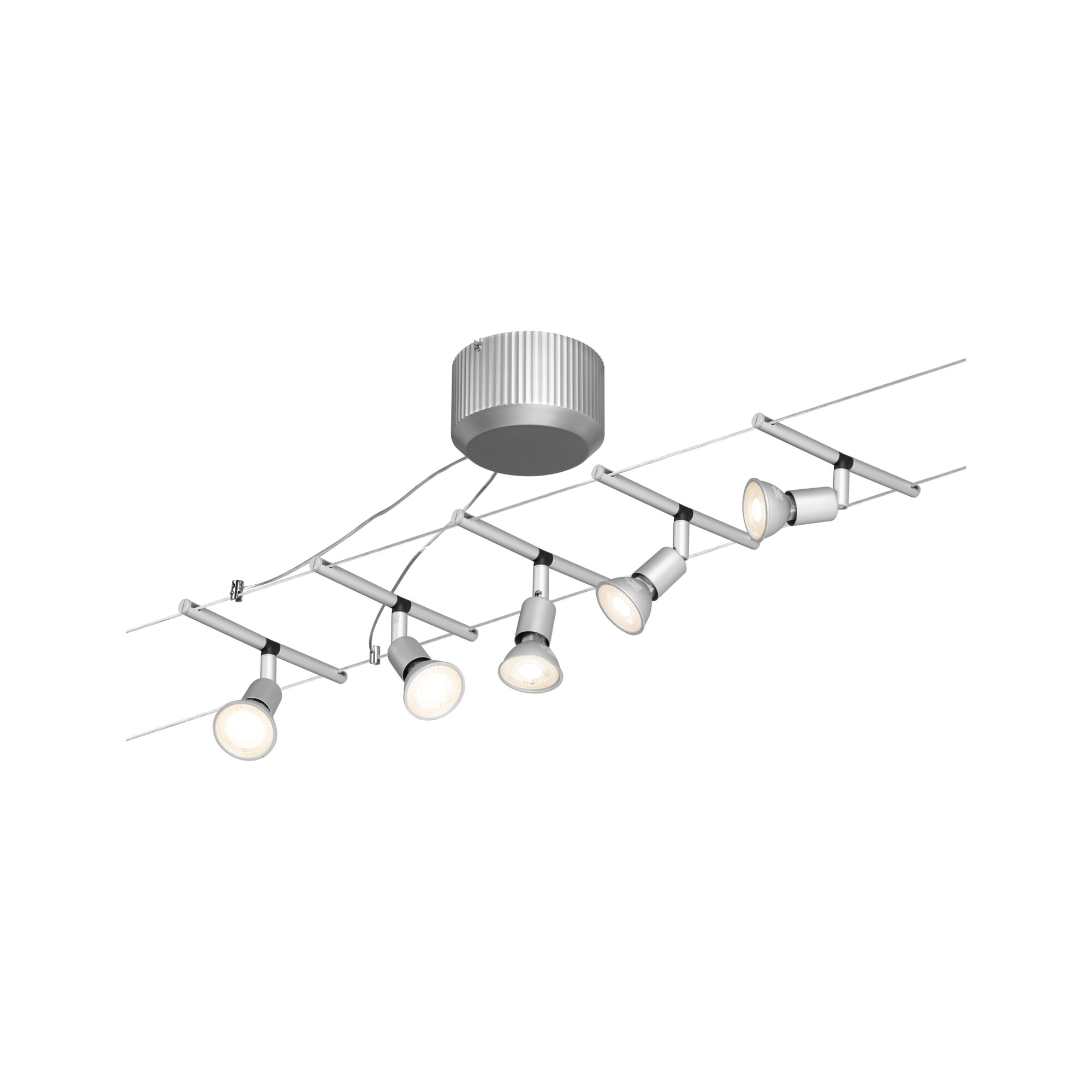 Modern cable spotlight with five white metal LED spots for flexible room lighting