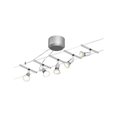 Modern cable spotlight with five white metal LED spots for flexible room lighting
