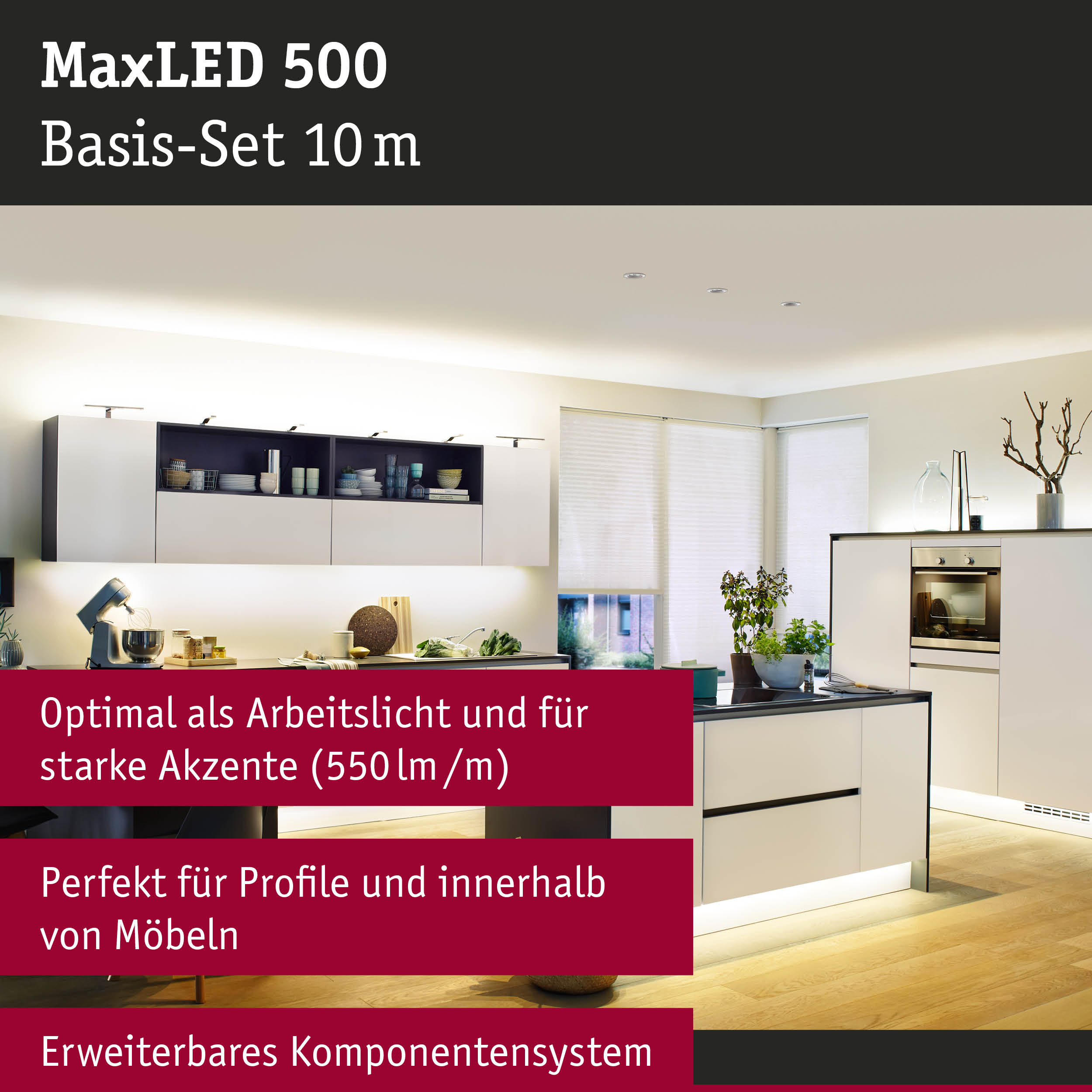 Moderne weiße Küche mit MaxLED 500 Basis-Set 10 m LED-Beleuchtung für Arbeitslicht und Akzente
