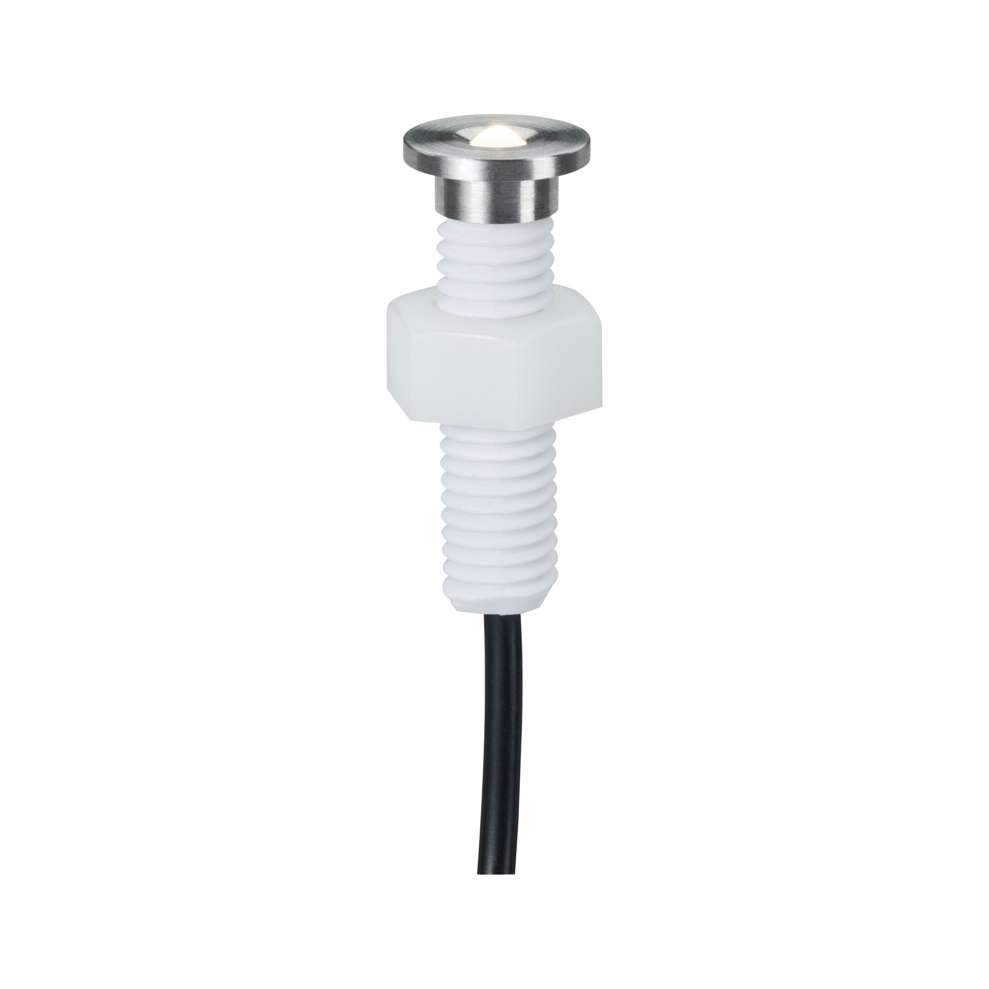 Small stainless steel LED recessed spotlight with white plastic thread and black cable for accent lighting