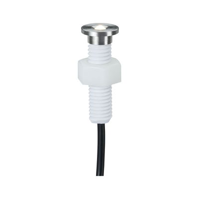 Small stainless steel LED recessed spotlight with white plastic thread and black cable for accent lighting