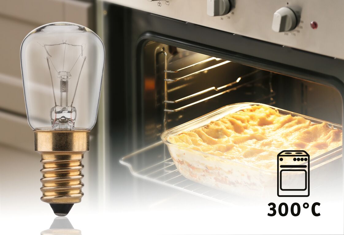 E14 glass and metal filament bulb, heat resistant up to 300°C for oven lighting use
