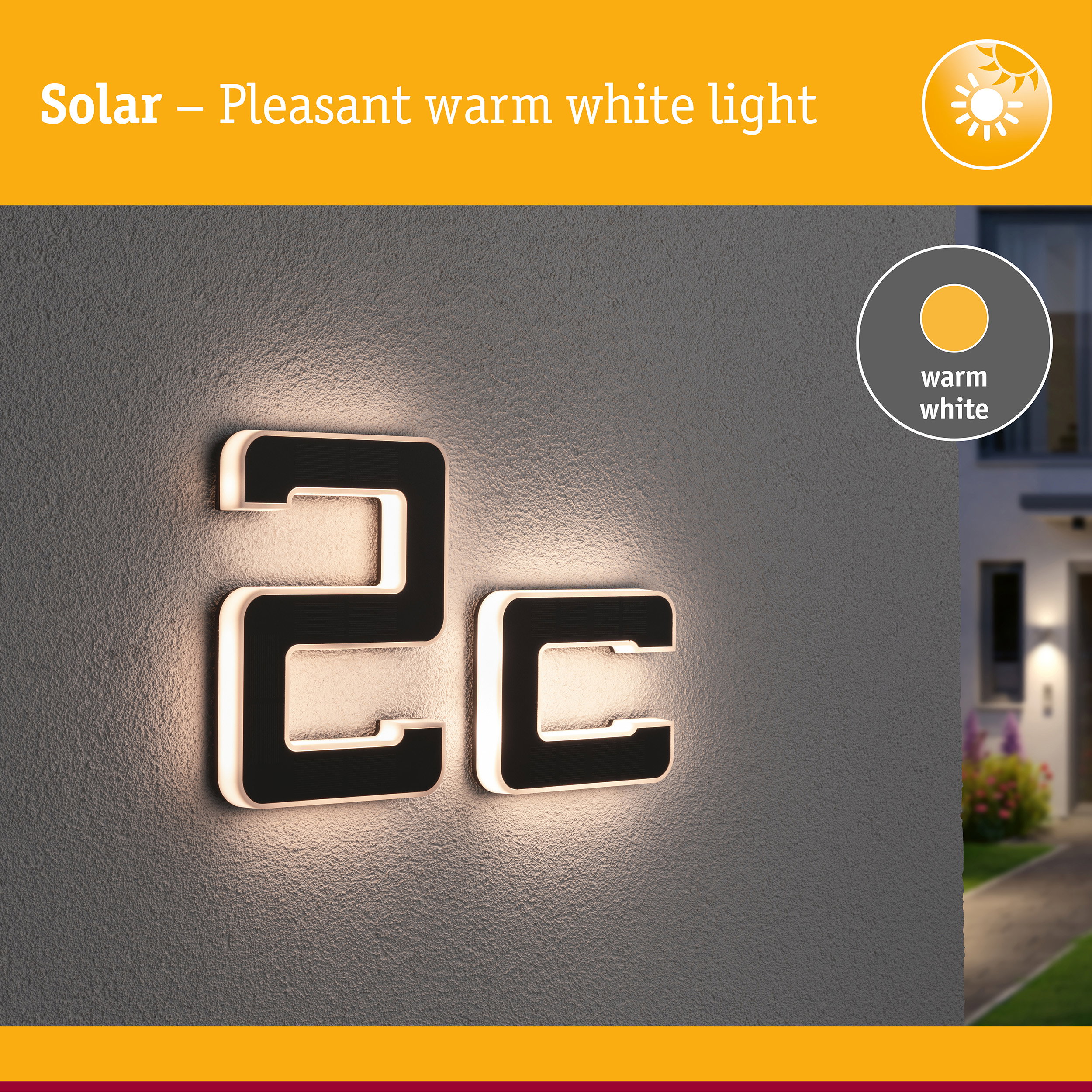 Solar-powered house number with warm white light on grey wall for outdoor lighting