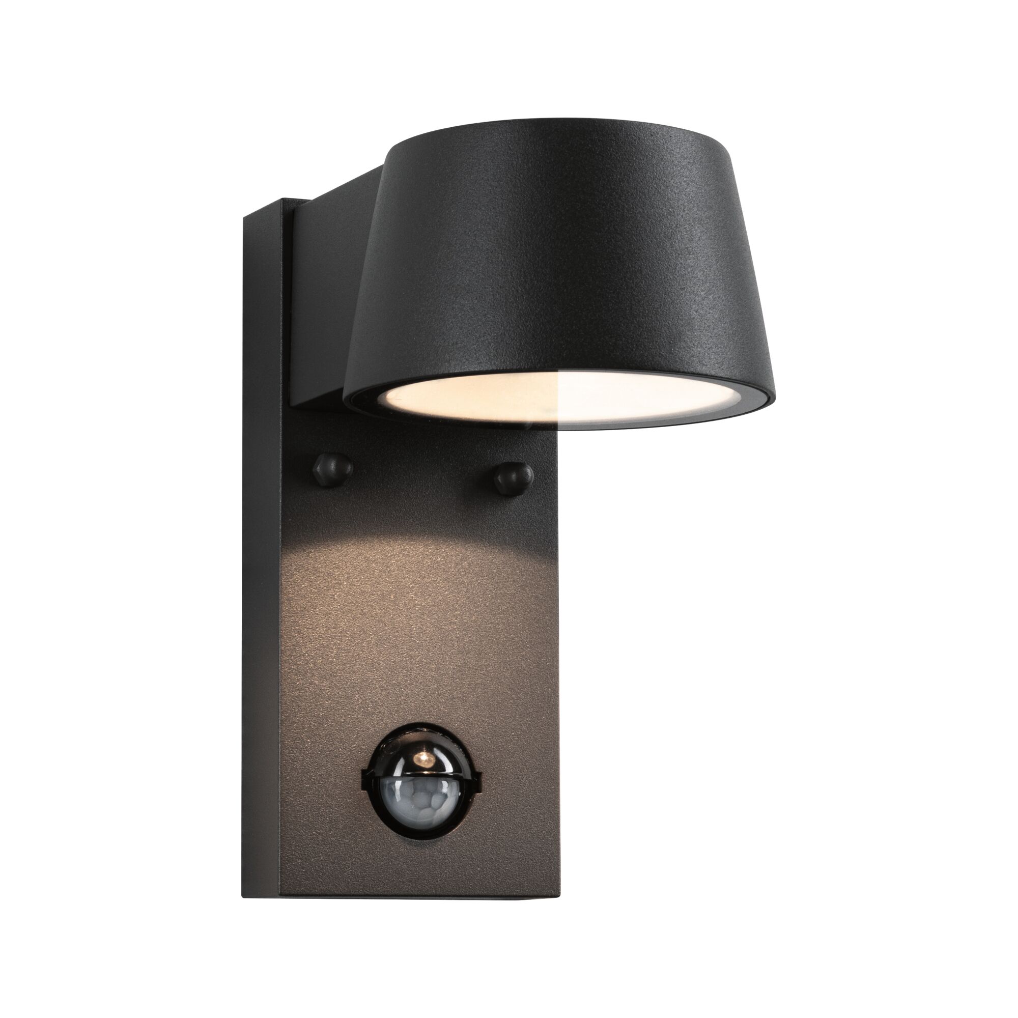 Moderne zwarte metalen buitenwandlamp met bewegingssensor en warm wit licht voor gevels