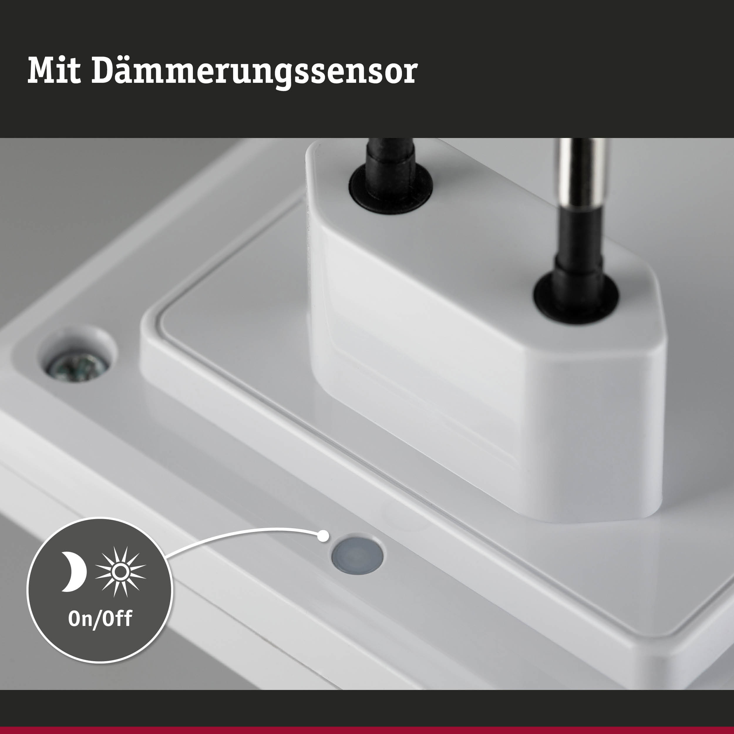 Weißes Kunststoffgehäuse mit Dämmerungssensor und On/Off-Funktion für Lichtsteuerung