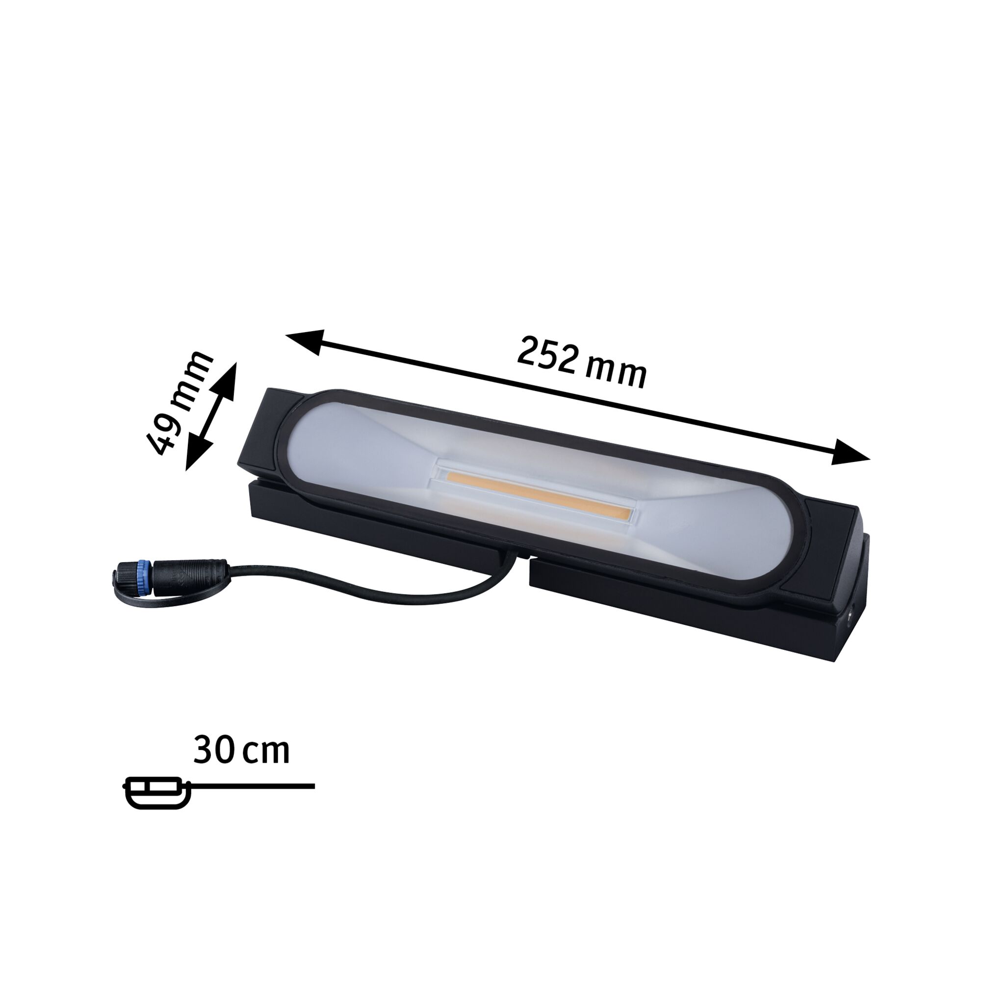 Sort LED-lys med matteret diffuser, 252 mm langt, 49 mm højt, 30 cm tilslutningskabel