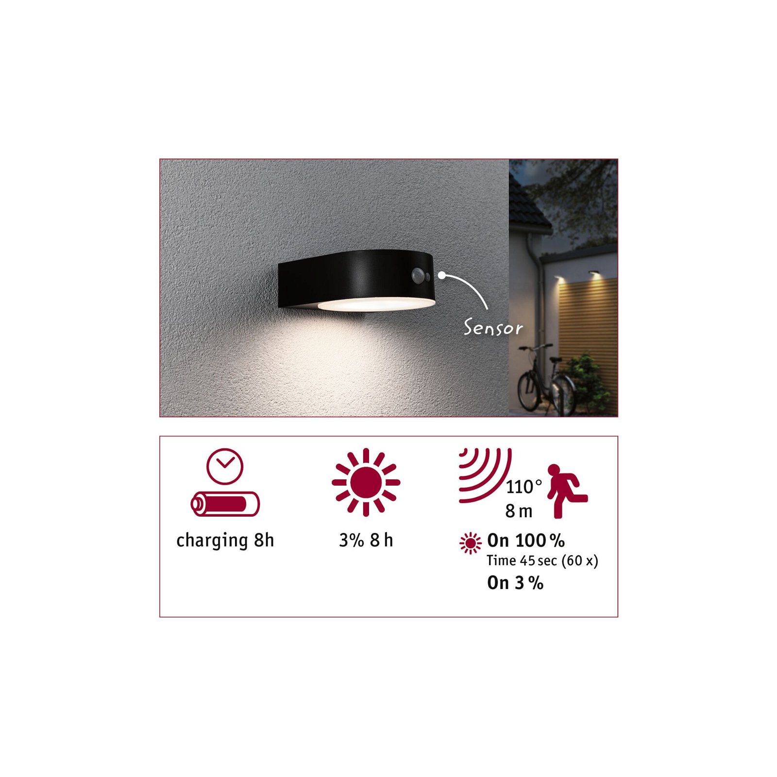 Solar LED Exterior wall luminaire Eileen Motion sensor IP44 3000K 400lm Black