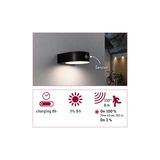 Schwarze LED-Außenwandleuchte mit Bewegungssensor und 8 Stunden Ladezeit für energiesparende Beleuchtung.