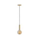 Modern brass pendant light with black cord and warm white bulb light for living spaces