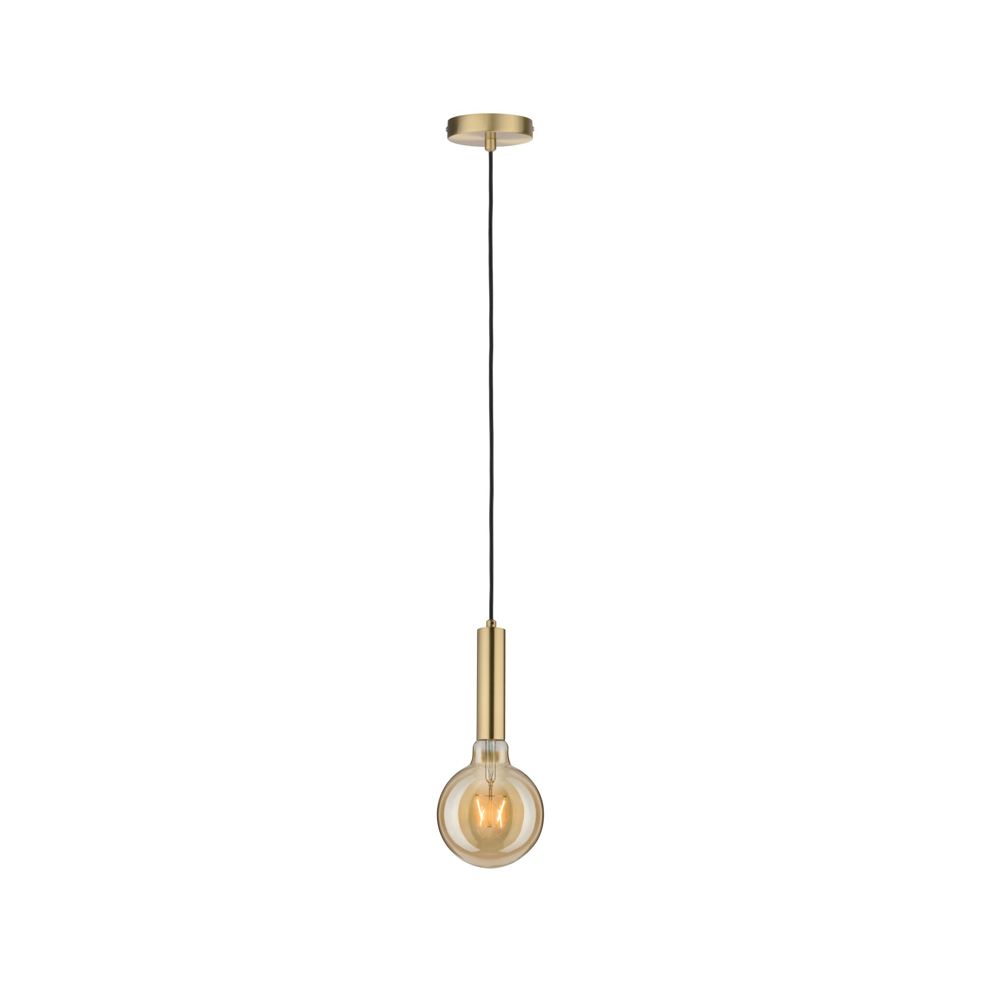 Modern brass pendant light with black cord and warm white bulb light for living spaces
