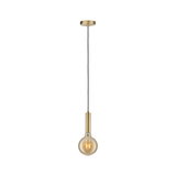 Modern brass pendant light with black cord and warm white bulb light for living spaces