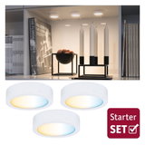Drei weiße LED-Deckenleuchten mit warmweißem und kaltweißem Licht im Starter-Set für Wohnräume.