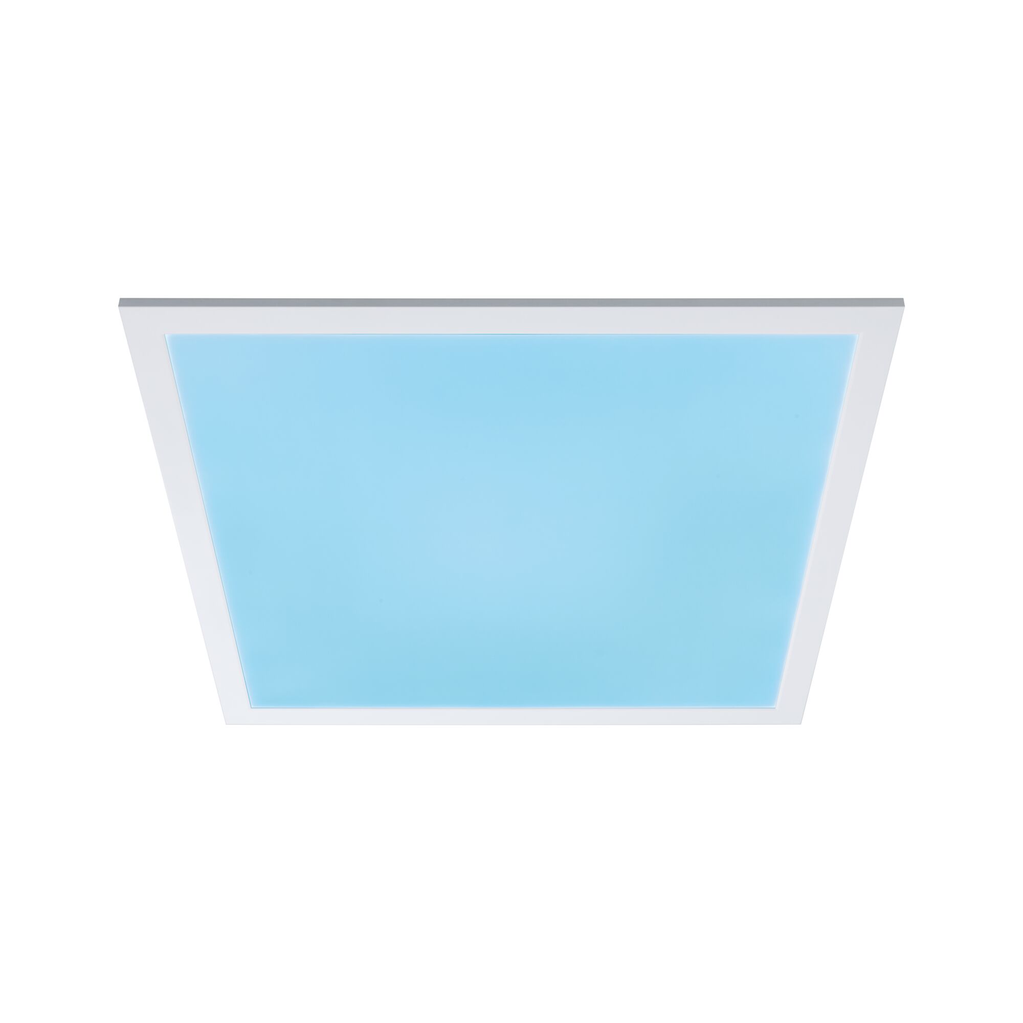 Quadratische LED-Deckenleuchte mit weißem Rahmen und blauem Licht für moderne Innenräume
