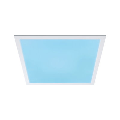 Square LED ceiling light with white frame and blue illumination for modern interior lighting