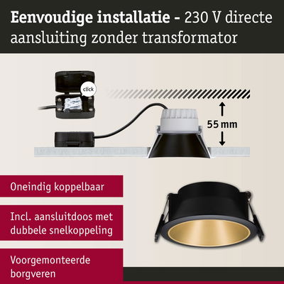 Zwarte inbouwspot met gouden reflector, 55 mm inbouwdiepte, eenvoudige 230 V directe aansluiting zonder transformator