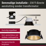 Zwarte inbouwspot met gouden reflector, 55 mm inbouwdiepte, eenvoudige 230 V directe aansluiting zonder transformator
