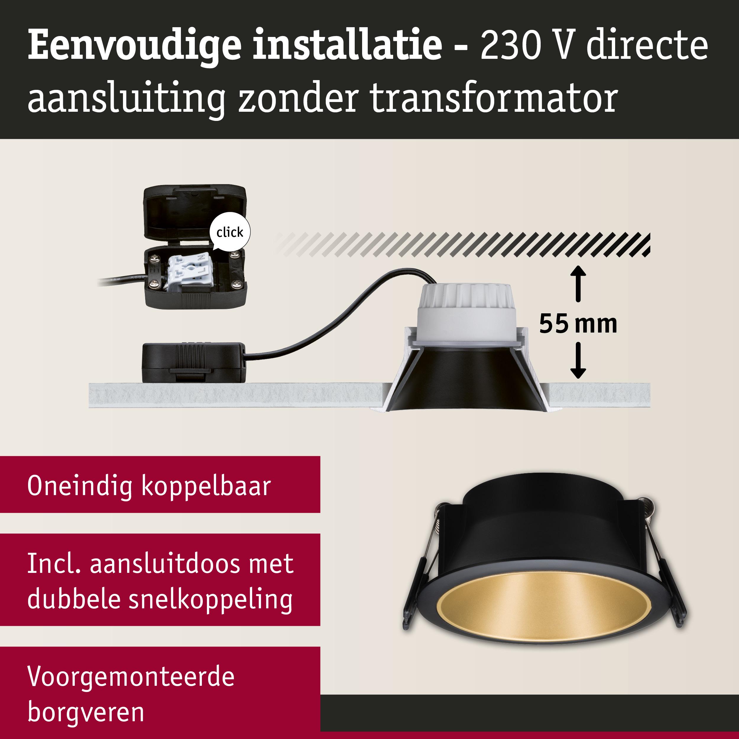 Zwarte inbouwspot met gouden reflector, 55 mm inbouwdiepte, eenvoudige 230 V directe aansluiting zonder transformator