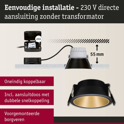 Zwarte inbouwspot met gouden reflector, 55 mm inbouwdiepte, eenvoudige 230 V directe aansluiting zonder transformator