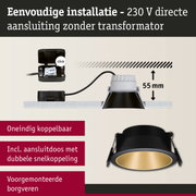 Zwarte inbouwspot met gouden binnenkant en 55 mm inbouwdiepte voor 230 V installatie