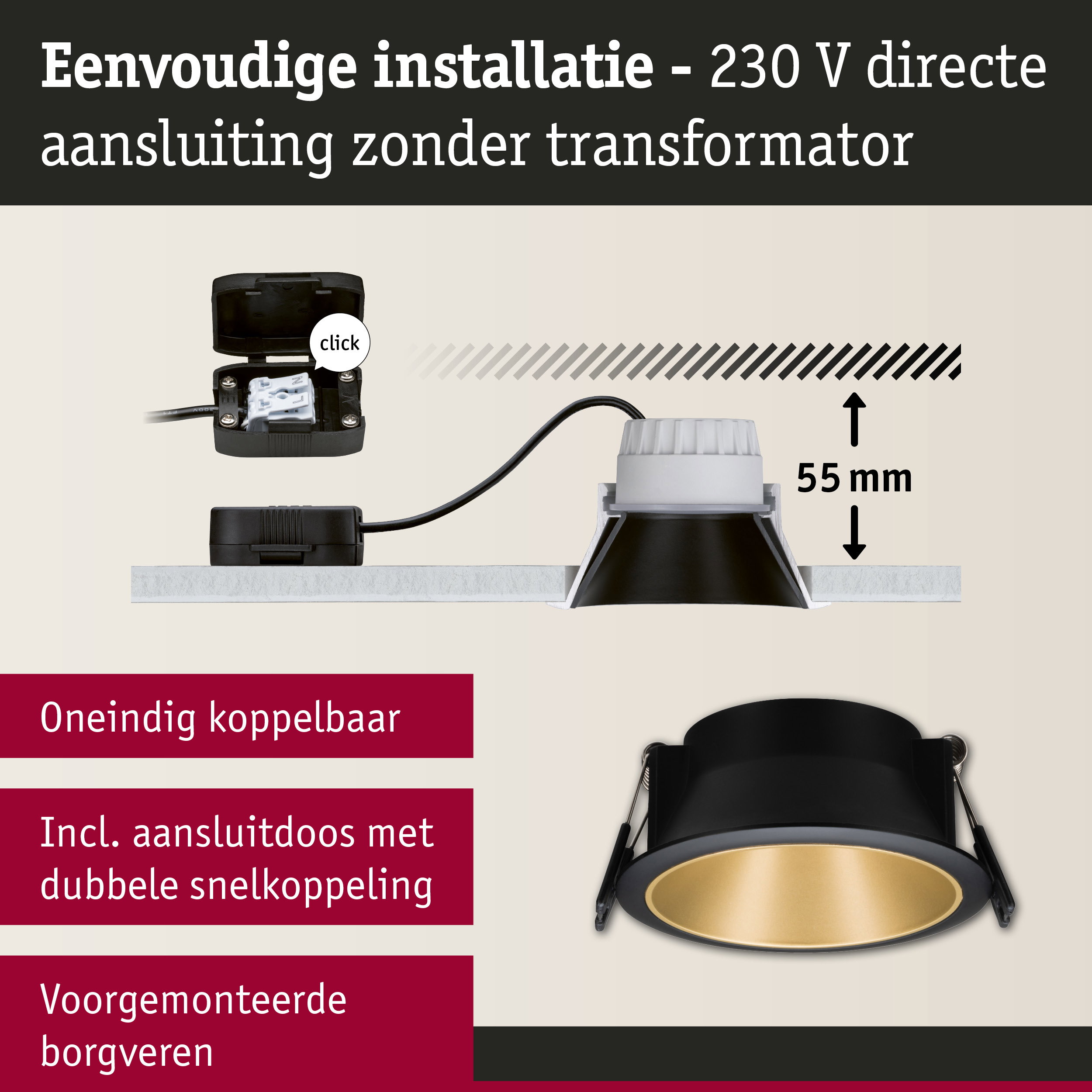 Zwarte inbouwspot met gouden binnenkant en 55 mm inbouwdiepte voor 230 V installatie
