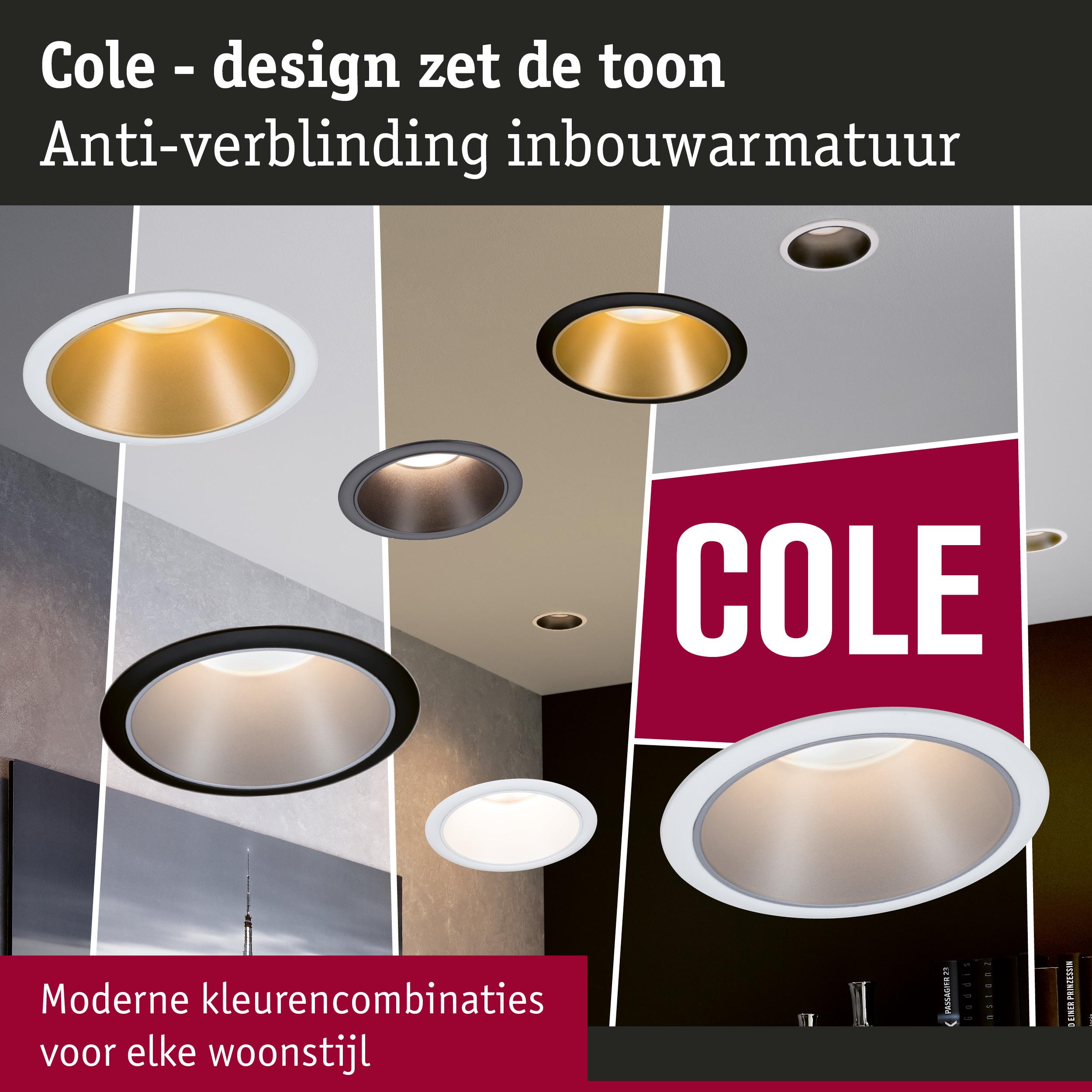 Moderne inbouwspots Cole met anti-verblindingsmateriaal in diverse kleuren voor woonstijlen