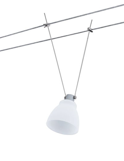 Modern cable spotlight with white glass and stainless steel mount for flexible lighting solutions