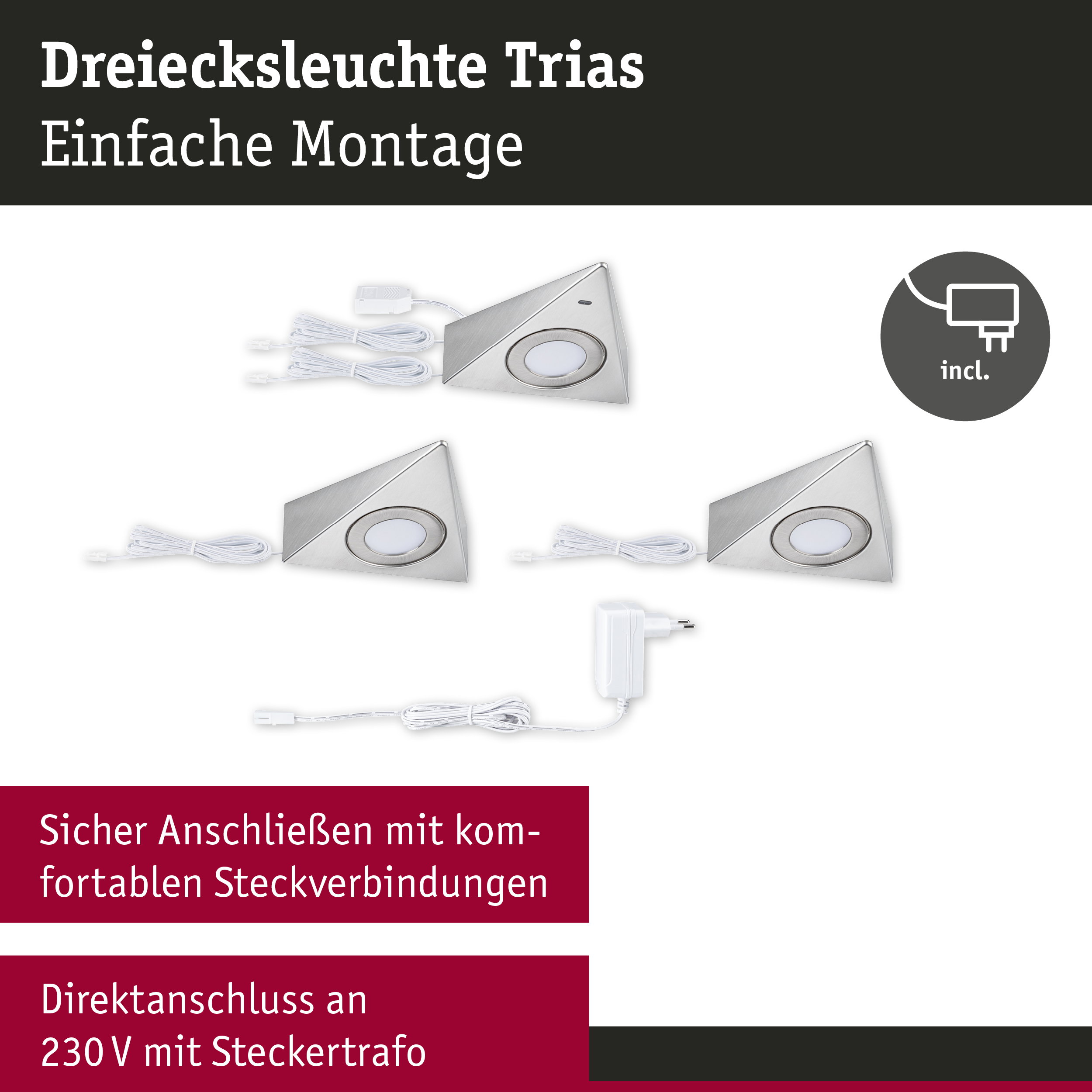 Dreieckige Trias LED-Leuchten aus gebürstetem Metall mit weißem Kabel und Netzteil für einfache Montage