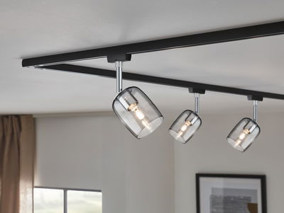 Schwarze Deckenleuchte mit drei verstellbaren Glaslampenschirmen in Rauchglas für moderne Innenräume