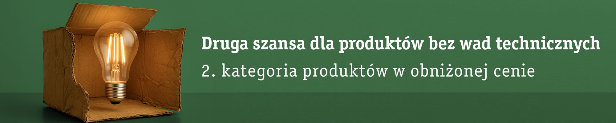 Light bulb in open brown cardboard box on green background with Polish text about second chance products.