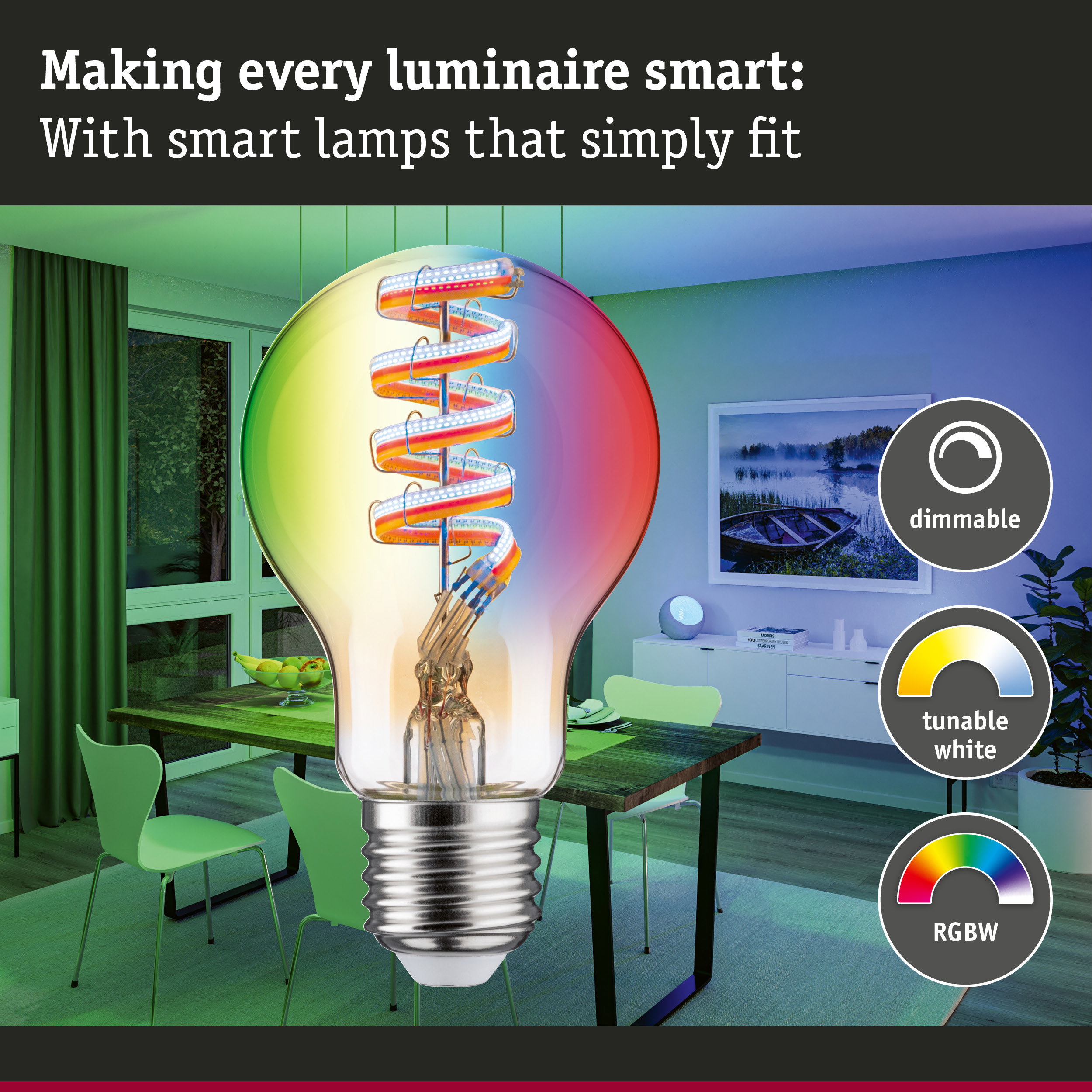 Transparent LED bulb with spiral filament, dimmable and RGBW smart lighting for home use
