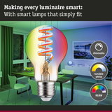 Transparent LED bulb with spiral filament, dimmable and RGBW smart lighting for home use