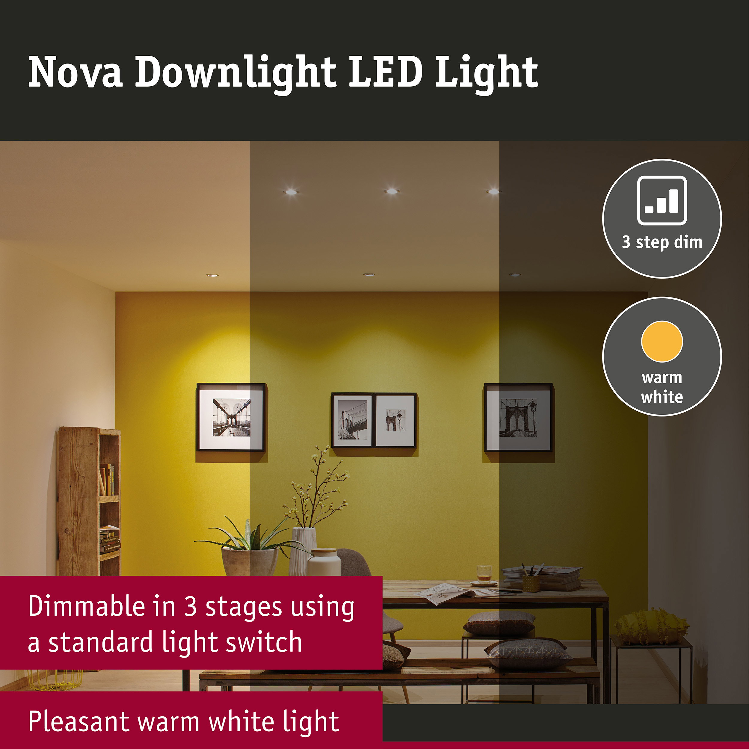 LED Downlight 3-Step-Dim Nova Coin Rigid IP44 round 78mm Coin 6W 470lm 230V dimmable 2700K Brushed iron