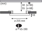 Technical drawing showing dimensions of round recessed lighting system with 215 mm diameter and 30 mm height.