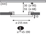 Technical drawing showing dimensions of round recessed spotlight Ø215 mm, installation depth 30 mm, cutout Ø90 mm